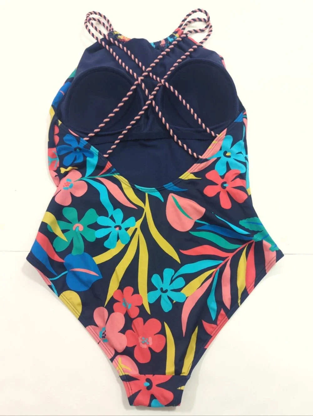 Boden Blue Floral High Neck One-Piece with Pink, Blue & Green Tropical Accents